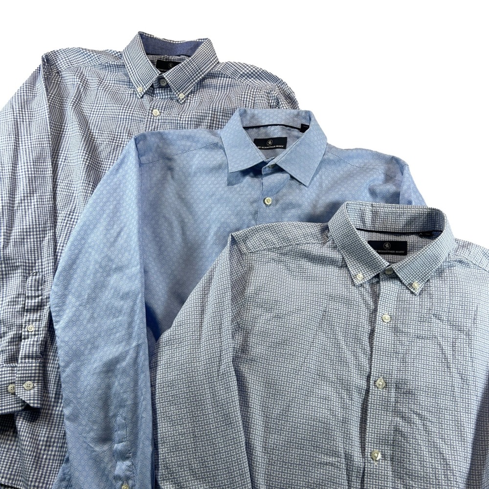 Hart Schaffner Marx Dress Shirts Men Large Blue Plaid Geometric Textured 3 Lot